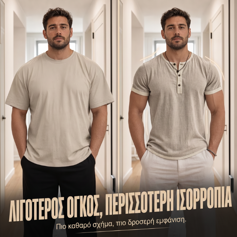 Ανδρικό πουκάμισο Henley με κοντά μανίκια και αναπνεύσιμο ύφασμα