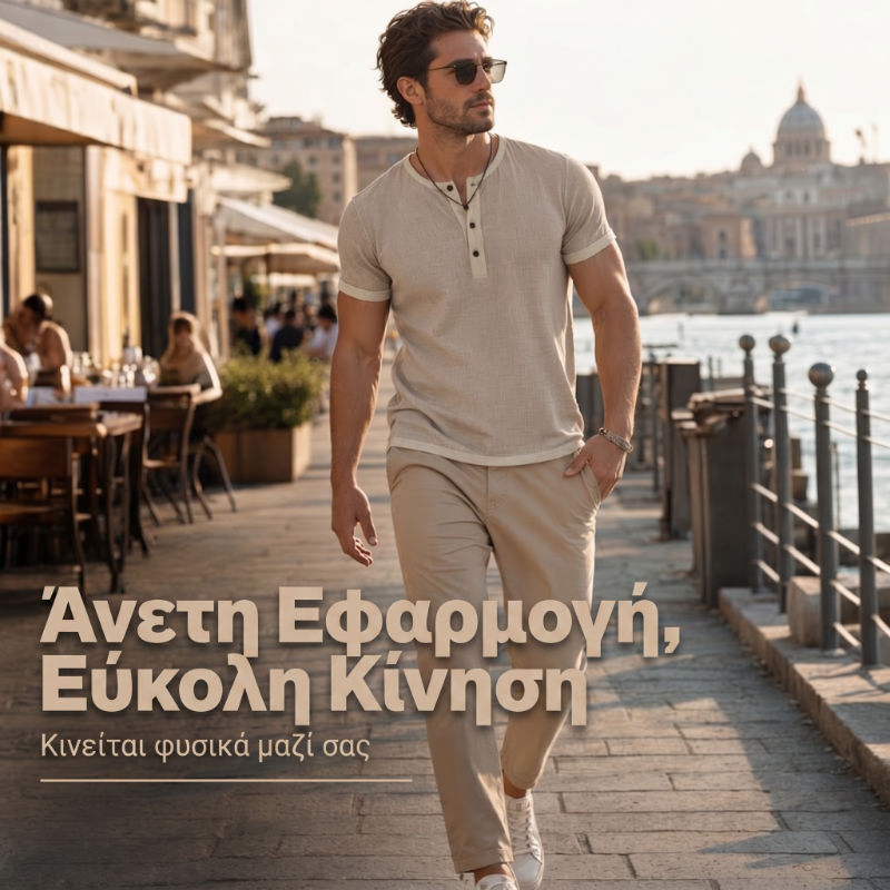 Ανδρικό πουκάμισο Henley με κοντά μανίκια και αναπνεύσιμο ύφασμα