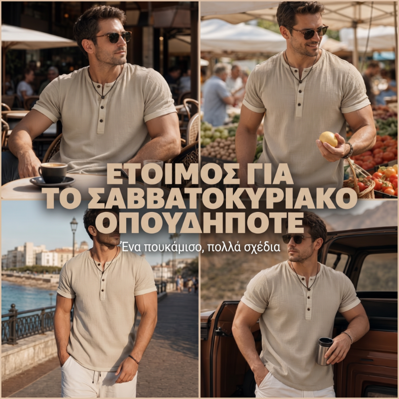 Ανδρικό πουκάμισο Henley με κοντά μανίκια και αναπνεύσιμο ύφασμα