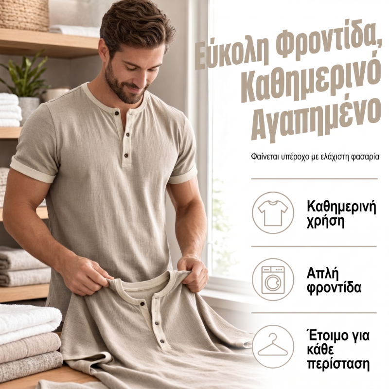 Ανδρικό πουκάμισο Henley με κοντά μανίκια και αναπνεύσιμο ύφασμα