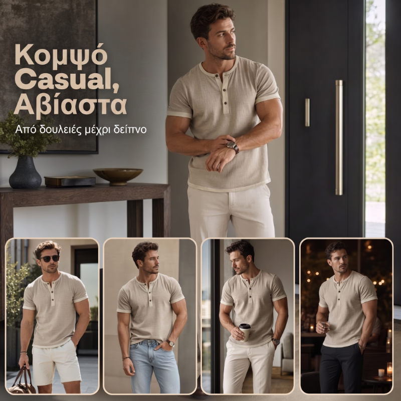 Ανδρικό πουκάμισο Henley με κοντά μανίκια και αναπνεύσιμο ύφασμα