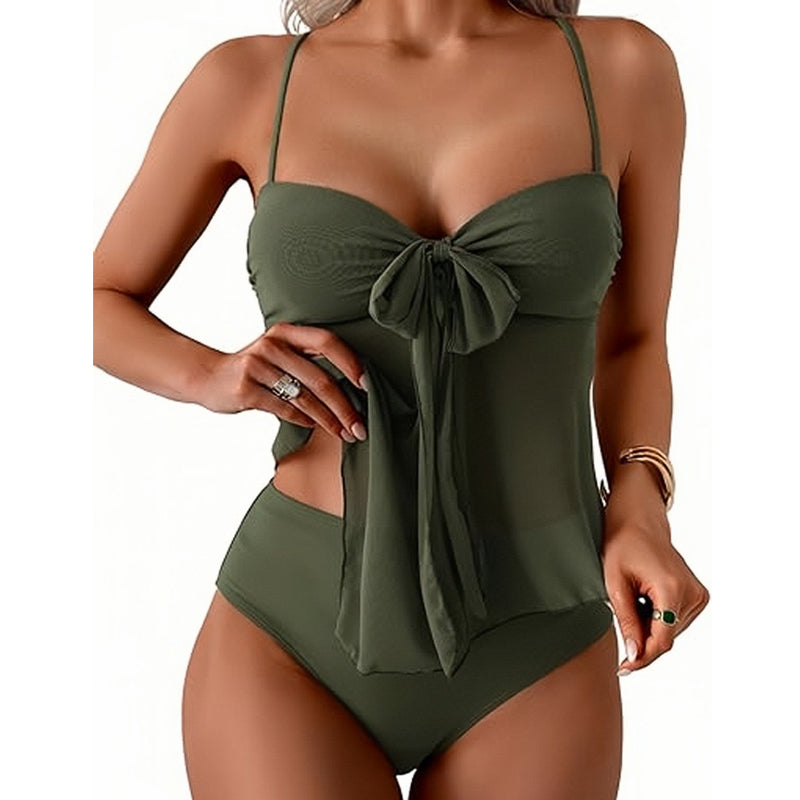 👙 Σετ τανκίνι από mesh - δέσιμο μπροστά και ψηλή μέση, που διαμορφώνει την κοιλιά | Γαλλικό ρετρό μαγιό ☀️🎀🌊