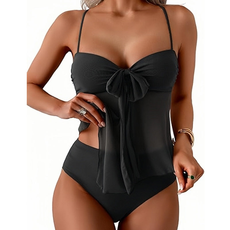 👙 Σετ τανκίνι από mesh - δέσιμο μπροστά και ψηλή μέση, που διαμορφώνει την κοιλιά | Γαλλικό ρετρό μαγιό ☀️🎀🌊