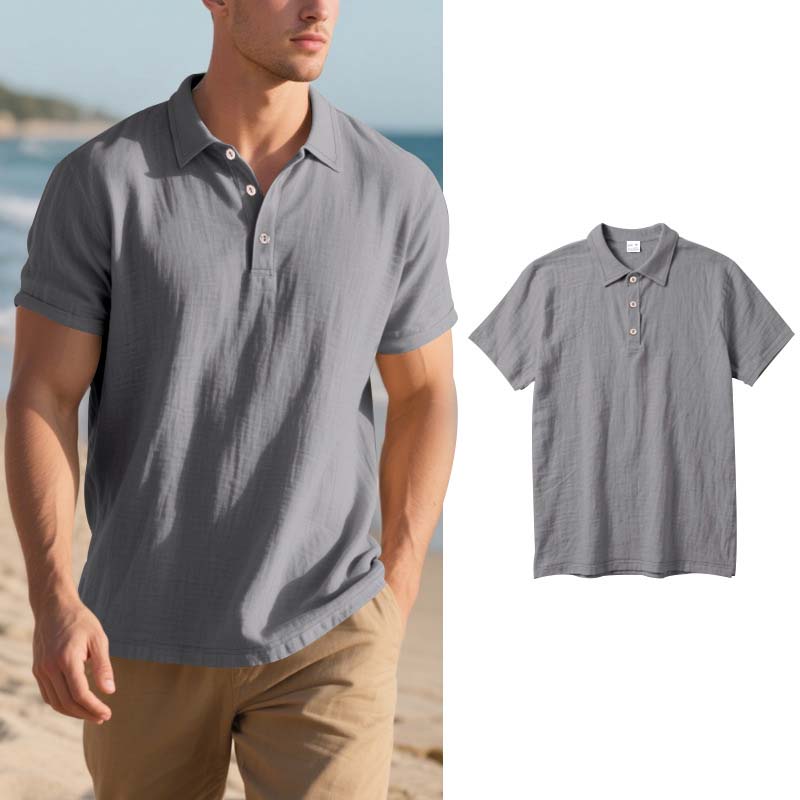 👕 Ανδρικό καθημερινό πουκάμισο από λινό με κοντά μανίκια και γιακά